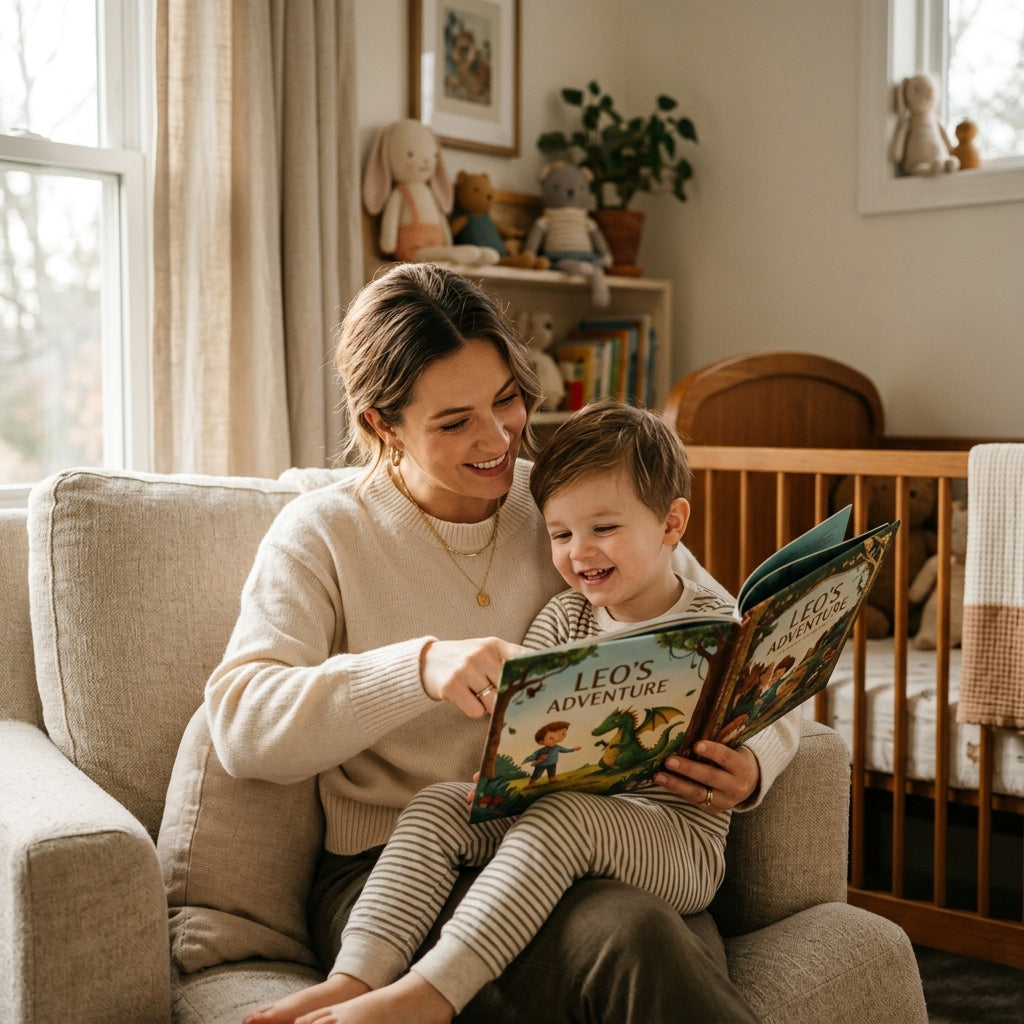 Happy parent reading personalized storybook to child